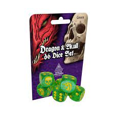 Dragon and Skull D6 Dice Set - Green Glitter